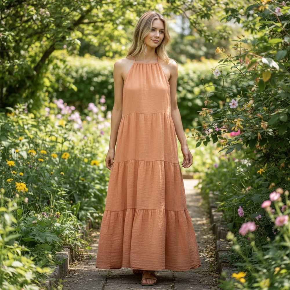 Young Fabulous & Broke Tiered Maxi Halter Dress
With Pockets Light Orange Size S
